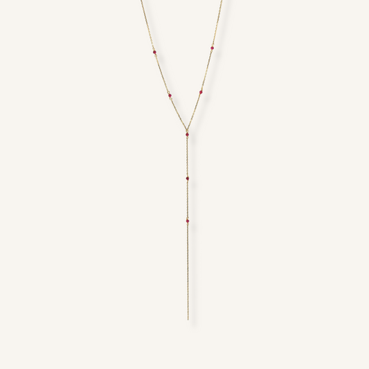 9kt Gold "Y" Necklace with Natural Red Stones