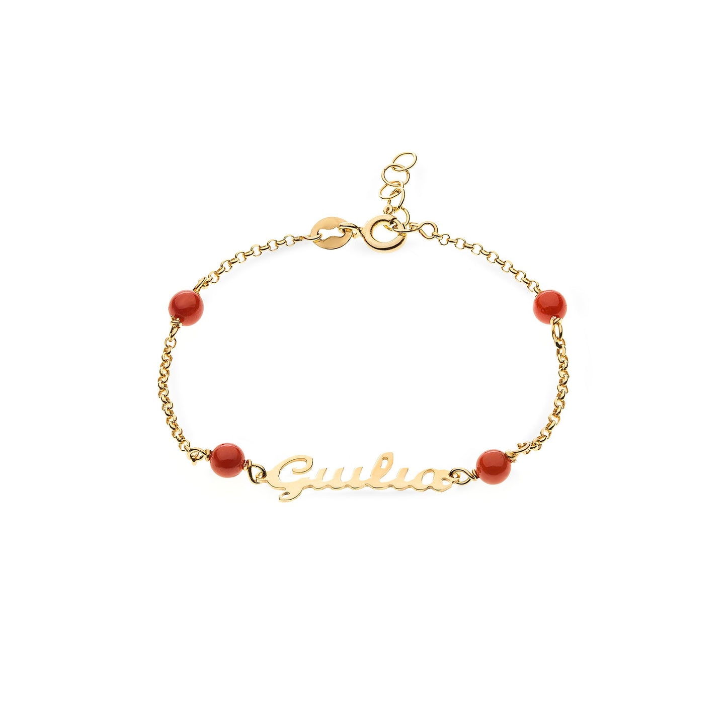 Kids bracelet in 18k gold with red corals and name