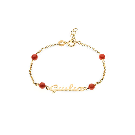 Kids bracelet in 18k gold with red corals and name