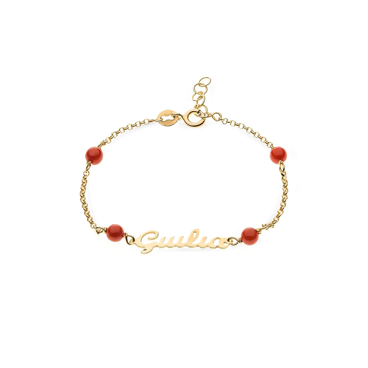 Bracciale kids in oro 18k con coralli rossi e nome